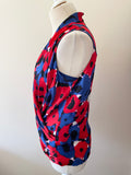 DKNY RED,BLUE,BLACK & WHITE PRINT SILK WRAP ACROSS SLEEVELESS TOP SIZE P UK S