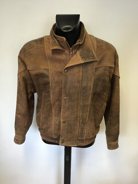 QUALITY BROWN ANTIQUE LOOK ZIP UP LEATHER JACKET SIZE L