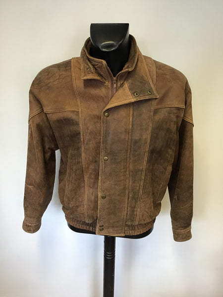 QUALITY BROWN ANTIQUE LOOK ZIP UP LEATHER JACKET SIZE L