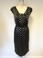 LK BENNETT BLACK & CREAM SPOT SILK CAP SLEEVE PENCIL DRESS SIZE 8