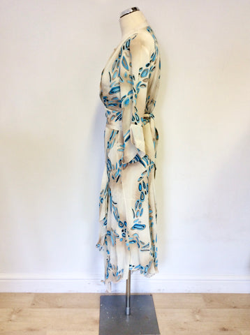 SATSUMA CREAM & TURQUOISE PRINT SLEEVELESS DRESS & MATCHING WRAP AROUND TOP SIZE 12