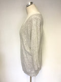 HOBBS LIGHT GREY SEQUINNED V NECK 3/4 SLEEVE JUMPER SIZE M