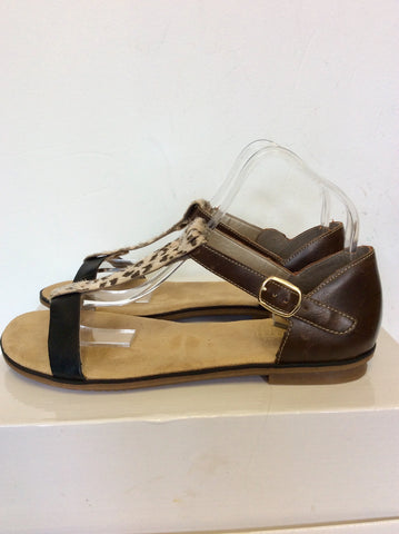 BRAND NEW RIEKER BROWN,LEOPARD PRINT & BLACK STRAPPY LEATHER FLAT SANDALS SIZE 6/39