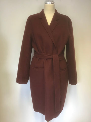 BRAND NEW JASPER CONRAN BURGUNDY/ WINE TIE WAIST BELT KNEE LENGTH COAT SIZE 16