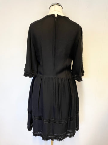 WHISTLES BLACK WITH LACE & FRINGE TRIM SHORT SLEEVE DRESS SIZE 8