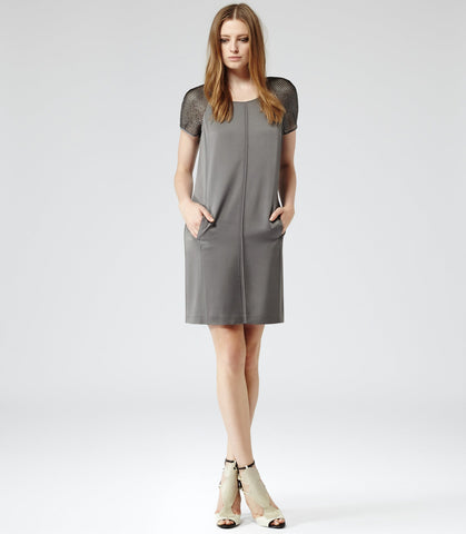 REISS GREY ZOWIE MESH SLEEVE SHIFT DRESS SIZE 8/10