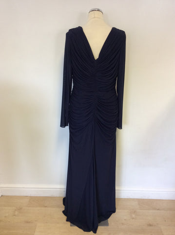 GINA BACCONI DARK BLUE DIAMANTÉ JEWEL TRIM LONG SLEEVE EVENING DRESS SIZE 16