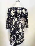 BODEN BLUE,BLACK & WHITE LEAF PRINT 3/4 SLEEVE SHIFT DRESS SIZE 12R