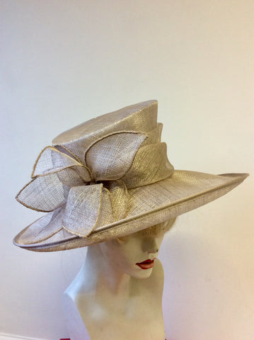 PRESEN OF BARCELONA OYSTER BEIGE BOW TRIM WIDE BRIM HAT
