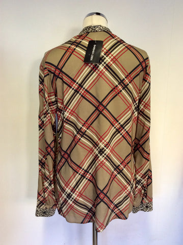 BRAND NEW BARBARA LEBEK BROWN CHECK & LEOPARD PRINT TIE NECK BLOUSE SIZE 18