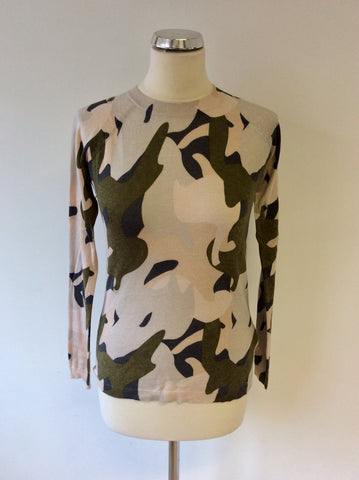 WHISTLES LIGHT PINK,GREYS & BROWN CAMOFLAGE PRINT JUMPER SIZE 8