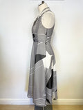 LK BENNETT NATASHA BLACK & WHITE STRIPED SILK FIT & FLARE MIDI DRESS SIZE 8
