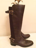 OFFICE BROWN LEATHER BUCKLE TRIM KNEELENGTH BOOTS SIZE 4/37