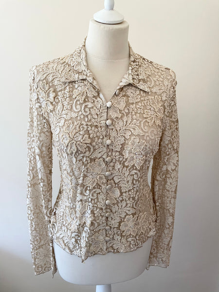 PHASE EIGHT GOLD LACE & BEADED SPECIAL OCCASION LONG SLEEVE TOP SIZE 14