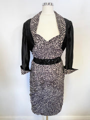 JOHN CHARLES BLACK & BROWN PRINT DRESS & SILK BOLERO JACKET SIZE 14
