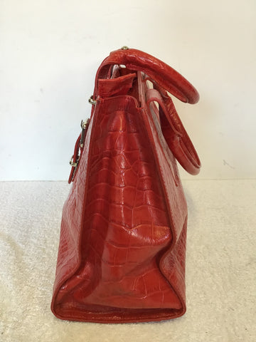 HOBBS RED LEATHER CROC DESIGN TOTE BAG