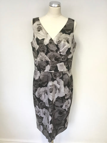HOBBS INVITATION BLACK & GREY FLORAL PRINT SLEEVELESS PENCIL DRESS SIZE 14