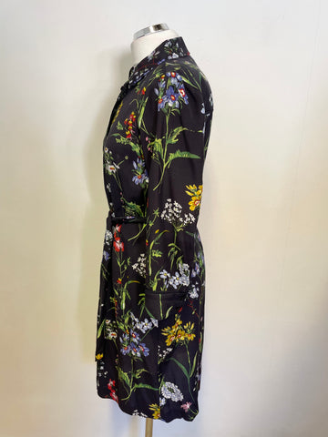HOBBS NAVY BLUE FLORAL PRINT 3/4 SLEEVE BELTED SHIRT DRESS SIZE 8