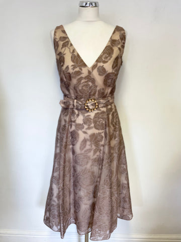 BRAND NEW PHASE EIGHT LIGHT BROWN & CREAM FLORAL FIT & FLARE BELTED DRESS SIZE 10