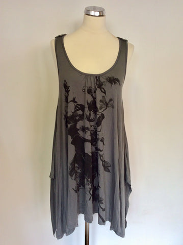 BRAND NEW FLY 53 DARK GREY & BLACK PRINT SLEEVELESS LONG  TUNIC TOP