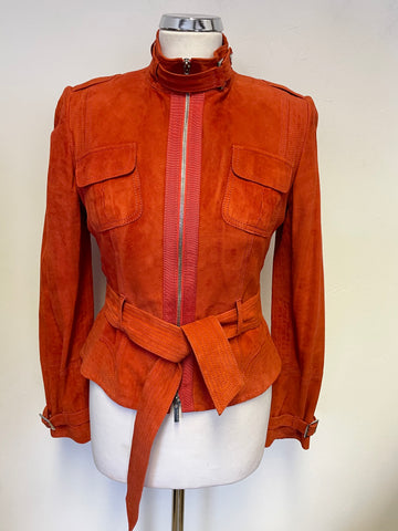 KAREN MILLEN BURNT ORANGE SUEDE ZIP UP BELTED JACKET SIZE 10