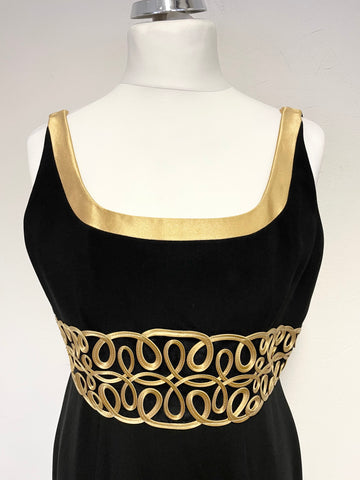 HELEN SYKES BLACK & GOLD BRAID TRIMMED LONG EVENING DRESS & MATCHING BOLERO JACKET SIZE 16