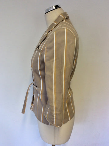 MULBERRY FAWN,MUSTARD & WHITE STRIPE TIE BELT COTTON BLEND JACKET SIZE 10