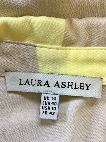 LAURA ASHLEY LEMON & BEIGE STRIPE BUTTON UP SLEEVELESS DRESS SIZE 14
