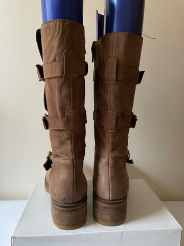 DANIEL LIGHT BROWN MOLESKIN LEATHER BUCKLE STRAP TRIM CALF LENGTH BIKER BOOTS SIZE 4/37