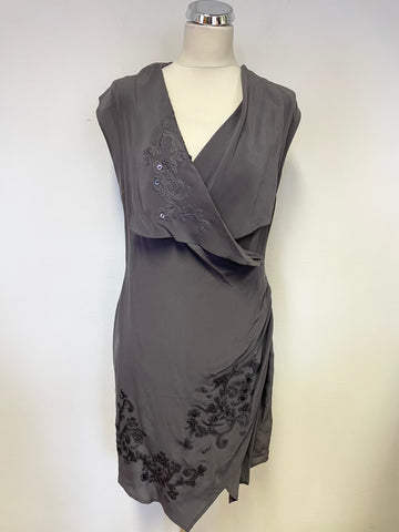 MINT VELVET GREY SILK EMBROIDERED & SEQUINNED DRAPED WRAP ACROSS SLEEVELESS DRESS SIZE 10