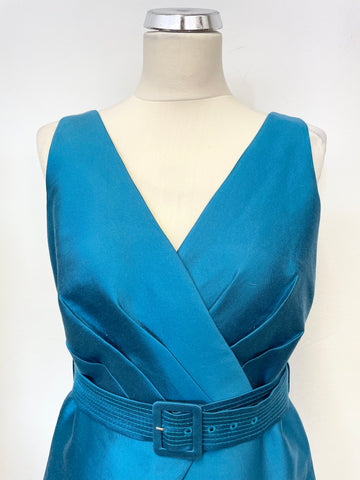 HOBBS KINGFISHER BLUE WOOL & SILK BLEND SLEEVELESS BELTED SPECIAL OCCASION DRESS SIZE 12