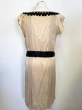 WHISTLES PALE GOLD & BLACK TRIMMED BELTED 100% SILK SHIFT DRESS SIZE 16