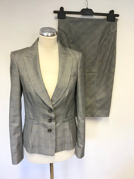 TED BAKER BLUE & GREY CHECK TAILORED JACKET & PENCIL SKIRT SUIT SIZE 2 UK 10