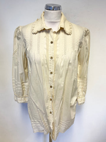 PERUVIAN CONNECTION CREAM LACE TRIMMED PIMA COTTON SMOCK BLOUSE SIZE M