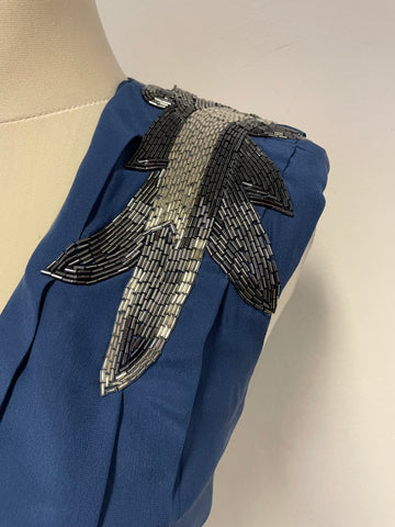 WHISTLES BLUE SILK BEADED SHOULDER PEPLUM WAIST TRIM OCCASION PENCIL DRESS SIZE 8