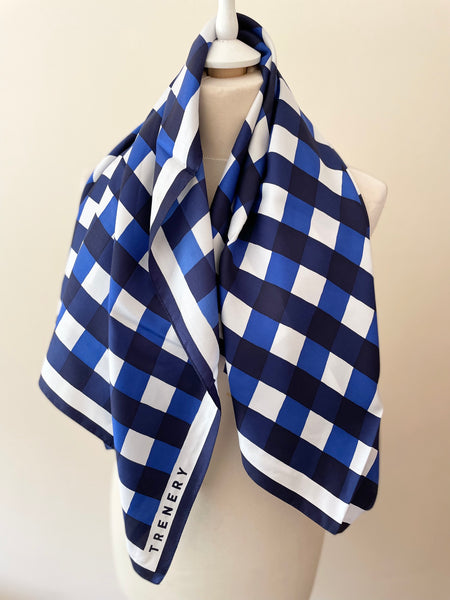 TRENERY BLUE & WHITE CHECK SILK LARGE SQUARE SCARF