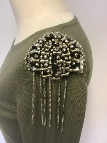 GUESS KHAKI GREEN EMBELLISHED SHOULDER LONG SLEEVE JUMPER SIZE S