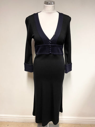 BRAND NEW JENNY DYER LONDON BLACK & NAVY BLUE TRIM 100% WOOL A-LINE MIDI DRESS SIZE 10