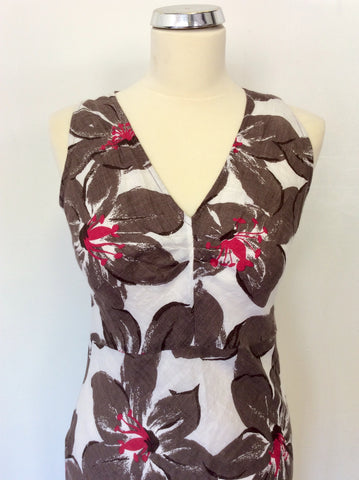 HOBBS WHITE,BROWN & PINK LONG LINEN FLORAL PRINT DRESS SIZE 10