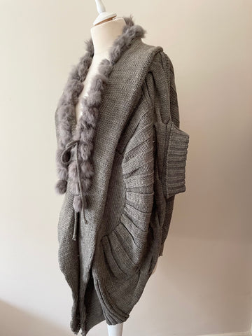 J STARS GREY RABBIT FUR TRIM TIE FRONT SHORT SLEEVE CARDIGAN ONE SIZE