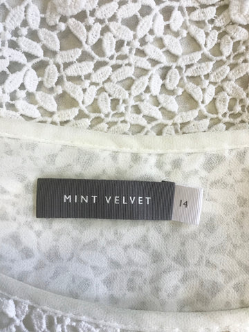 MINT VELVET WHITE CROCHET OVERLAY SHORT SLEEVE TOP SIZE 14