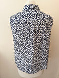 HOBBS NAVY BLUE & WHITE PRINT COTTON SLEEVELESS COLLARED TOP SIZE 12