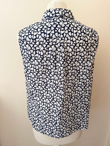 HOBBS NAVY BLUE & WHITE PRINT COTTON SLEEVELESS COLLARED TOP SIZE 12