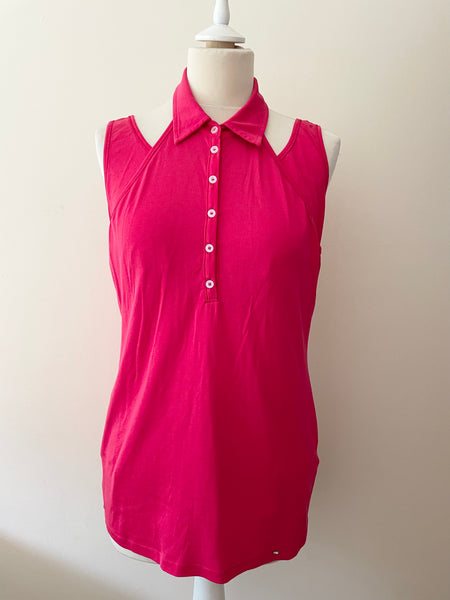 MARCCAIN RED COLLARED HALTER NECK INSERT SLEEVELESS VEST TOP SIZE 5 UK 14/16