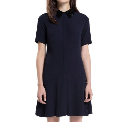 BRAND NEW SANDRO PARIS NAVY BLUE RIKKA SEQUIN EMBELLISHED CREPE DRESS SIZE 2 UK 10/12