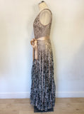 BRAND NEW STELLA BLACK & WHITE ROSE PRINT WITH NUDE SATIN TRIMS LONG DRESS SIZE 12