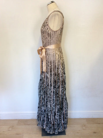 BRAND NEW STELLA BLACK & WHITE ROSE PRINT WITH NUDE SATIN TRIMS LONG DRESS SIZE 12