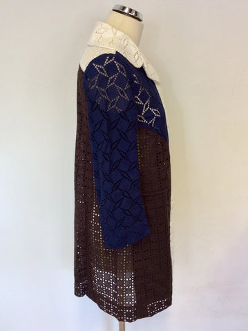 LOUIS VUITTON 2013 WHITE,NAVY BLUE & BROWN BROIDERY ANGLAISE LONG JACKET SIZE 36 UK 10