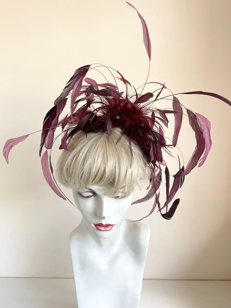 TAILOR MADE PLUM FEATHER & GLASS BEAD TRIM FASCINATOR ON COMB
