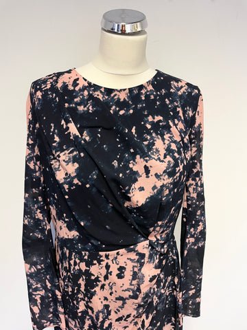 WHISTLES NAVY BLUE & PINK PRINT SILK LONG SLEEVE PLEATED DRAPE PENCIL DRESS SIZE 14